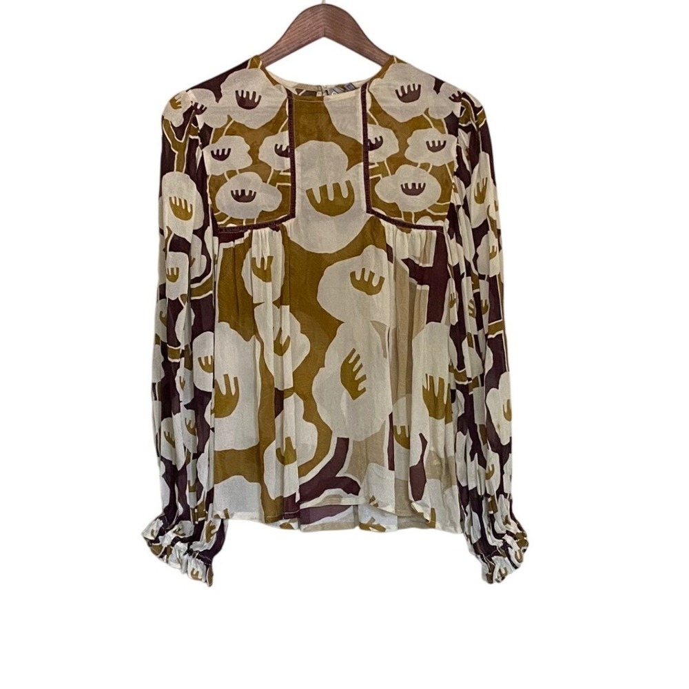 Blank London Womens XS Abstract Floral Blouse Brown Mustard Boho Ruffle Cuff Top